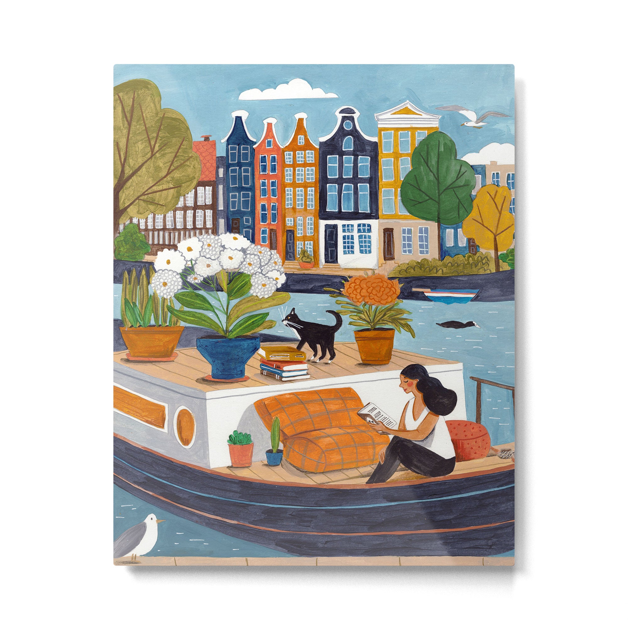 Woman on houseboat in Amsterdam Metal Print Gallery Image 6
