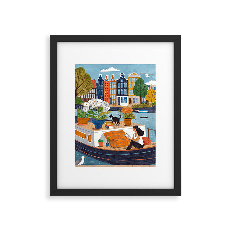 Woman on houseboat in Amsterdam Framed Art Print Gallery Image 6