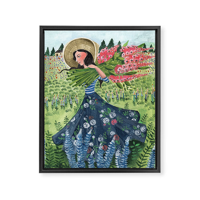 Woman Picking Flowers in the Field Framed Canvas Print Gallery Image 1
