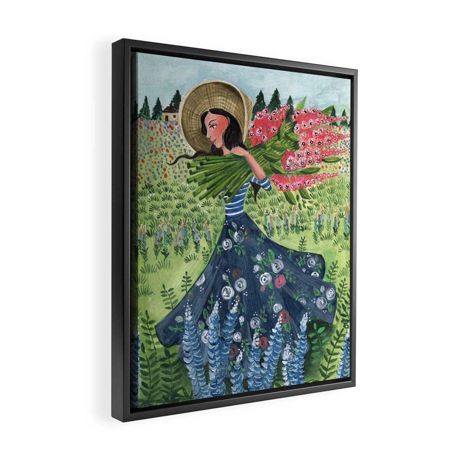 Woman Picking Flowers in the Field Framed Canvas Print Gallery Image 2