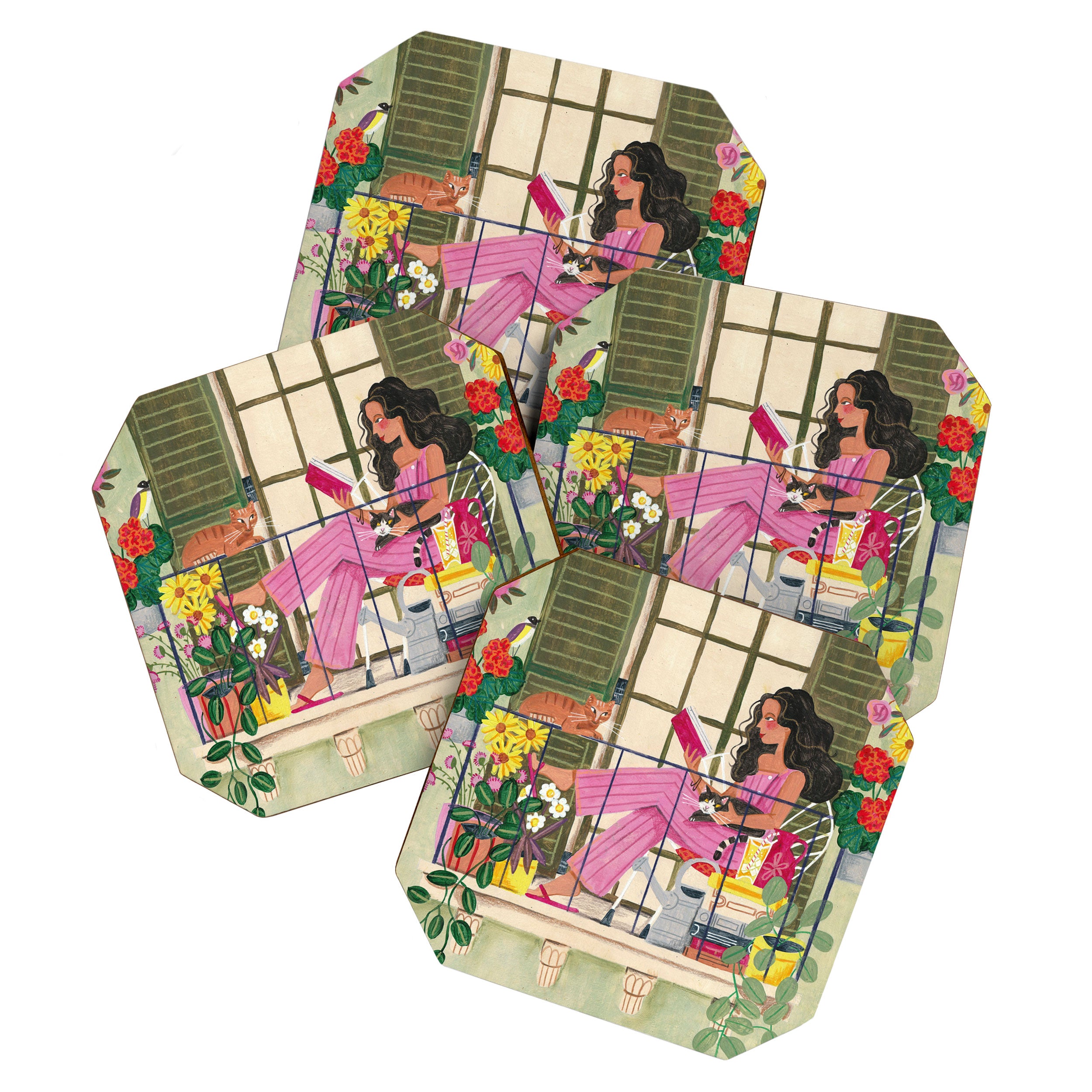Woman reading on balcony Coaster Gallery Image 1