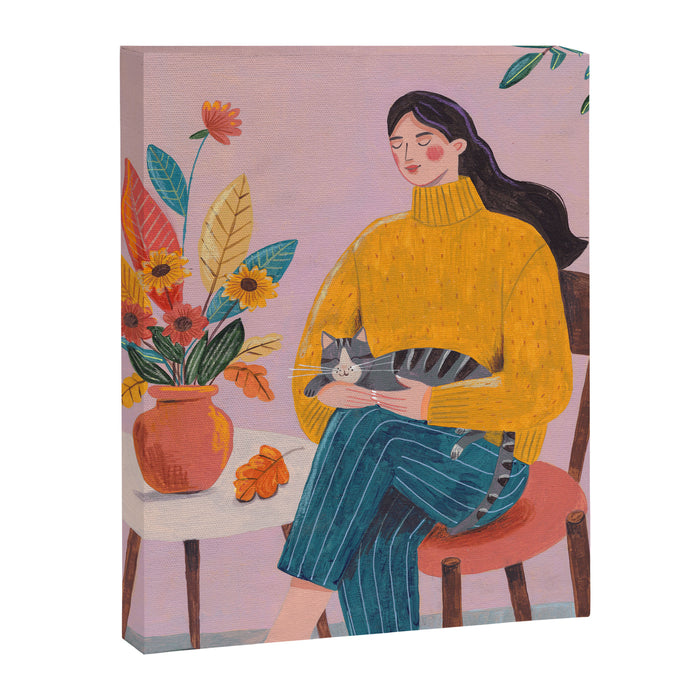 Woman with Cat and Autumn Bouquet Canvas Print Gallery Image 1