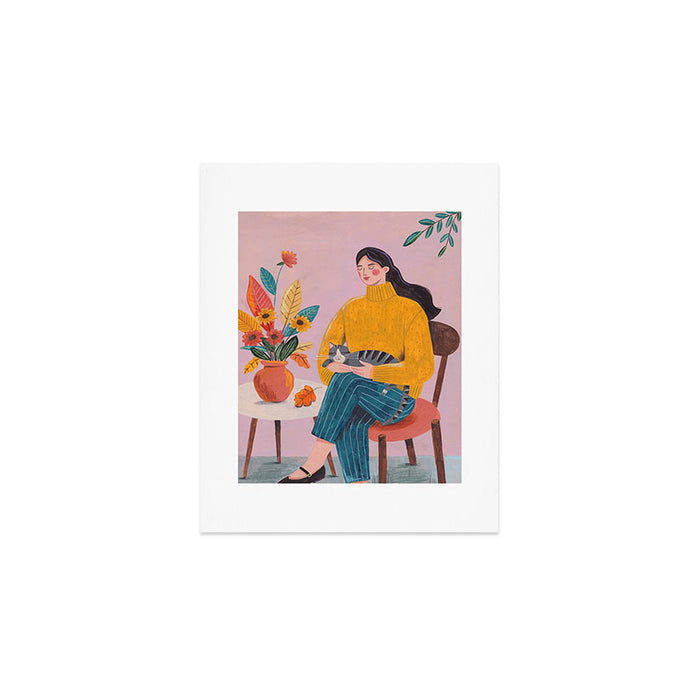 Woman with Cat and Autumn Bouquet Art Print Gallery Image 1