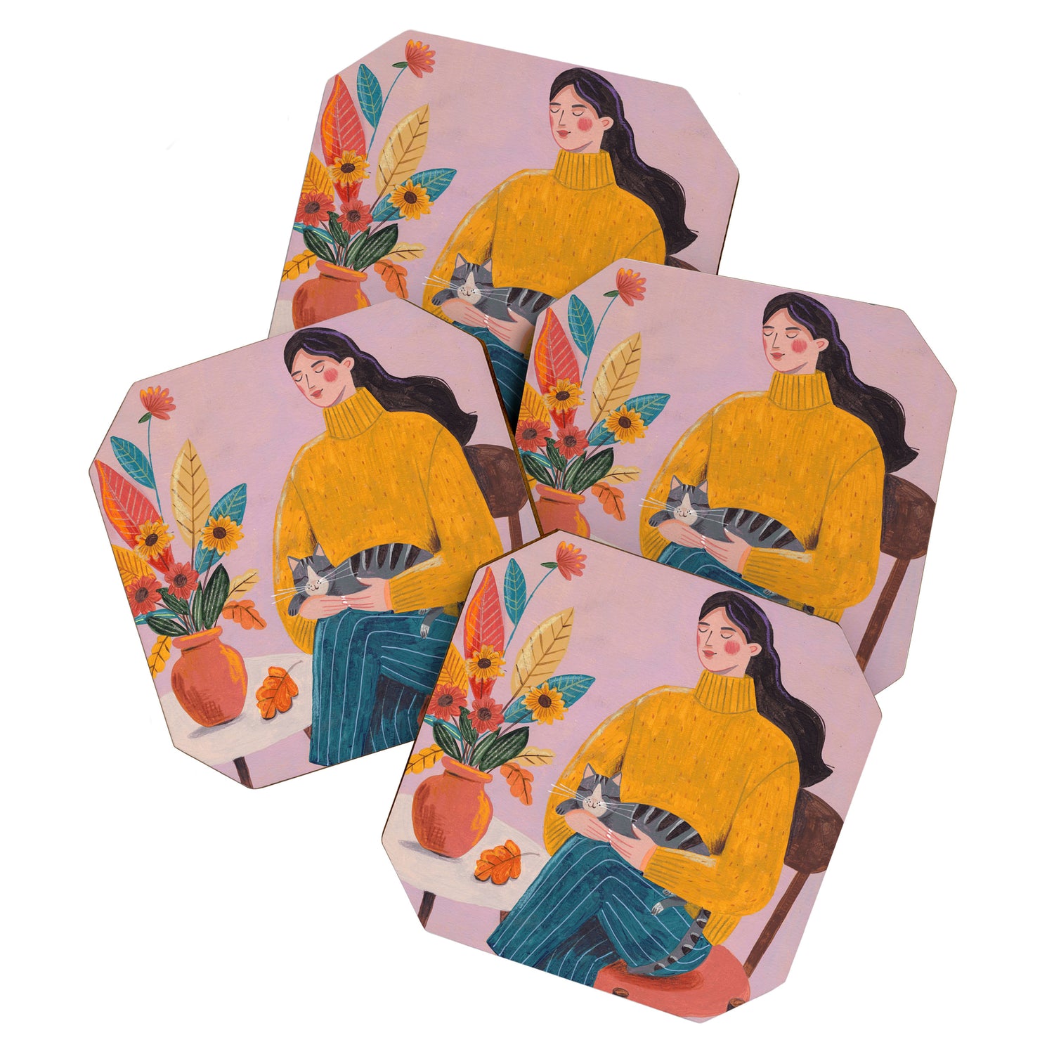 Woman with Cat and Autumn Bouquet Coaster Gallery Image 1