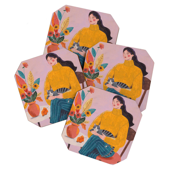 Woman with Cat and Autumn Bouquet Coaster Gallery Image 1