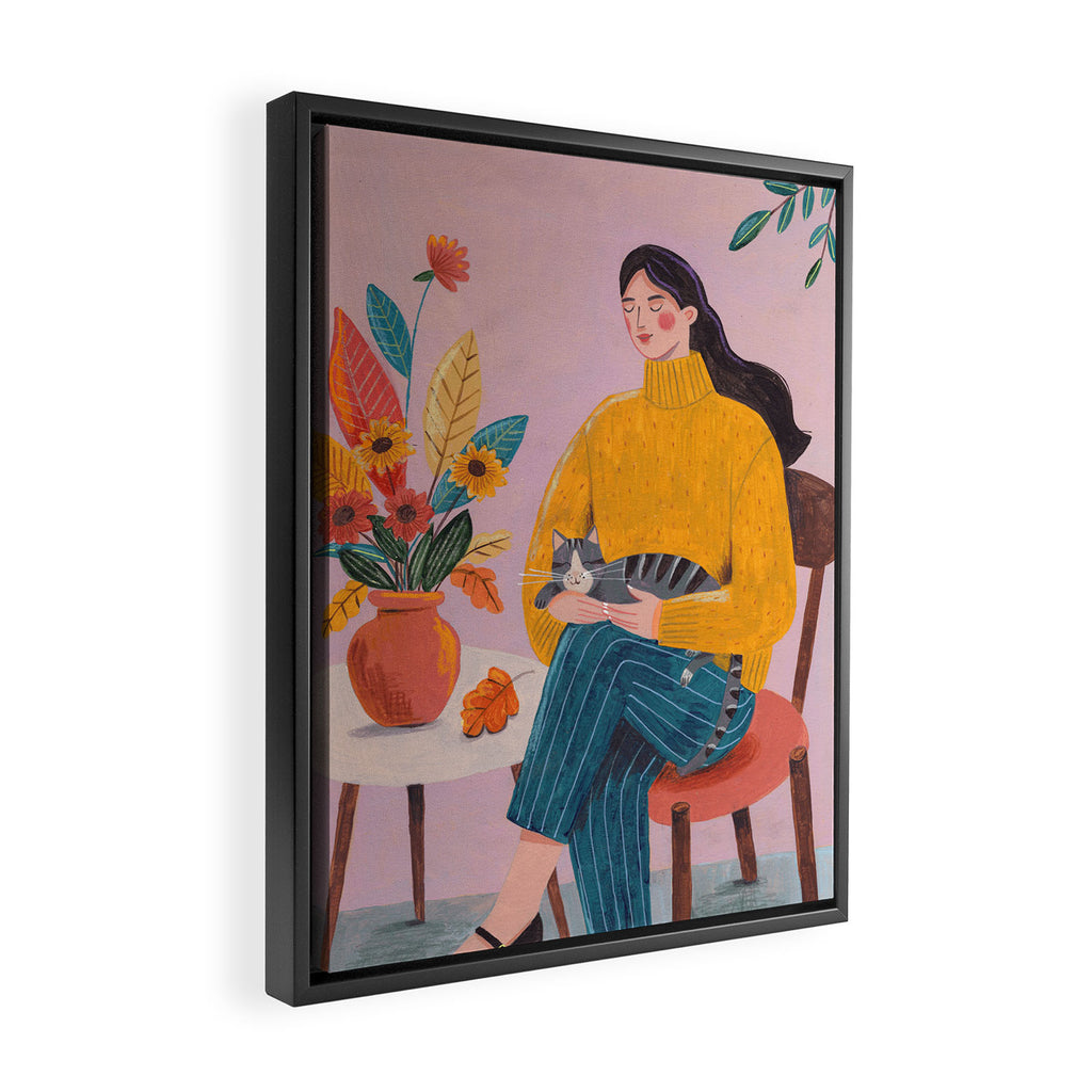 Woman with Cat and Autumn Bouquet Framed Canvas Print Gallery Image 2