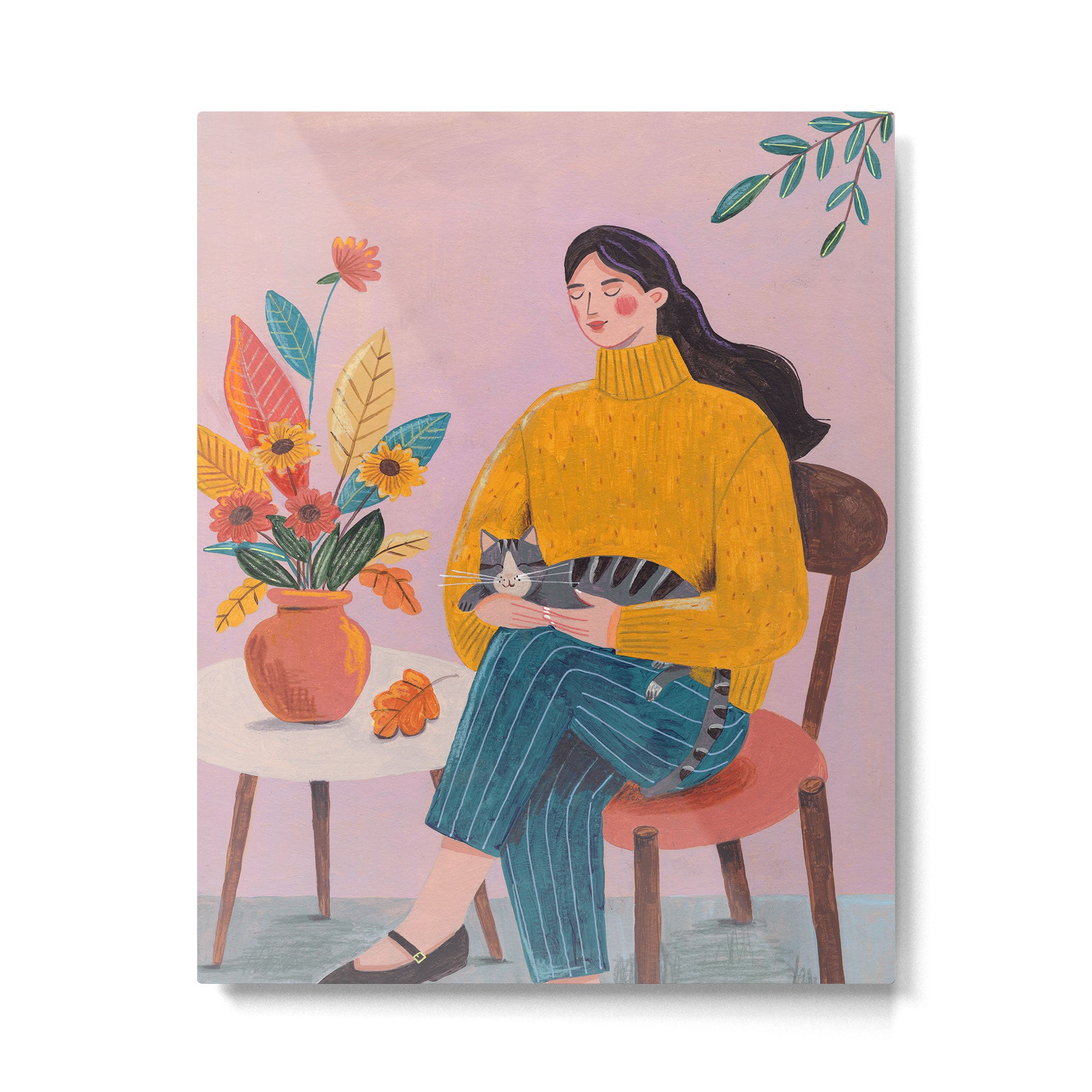 Woman with Cat and Autumn Bouquet Metal Print Gallery Image 6