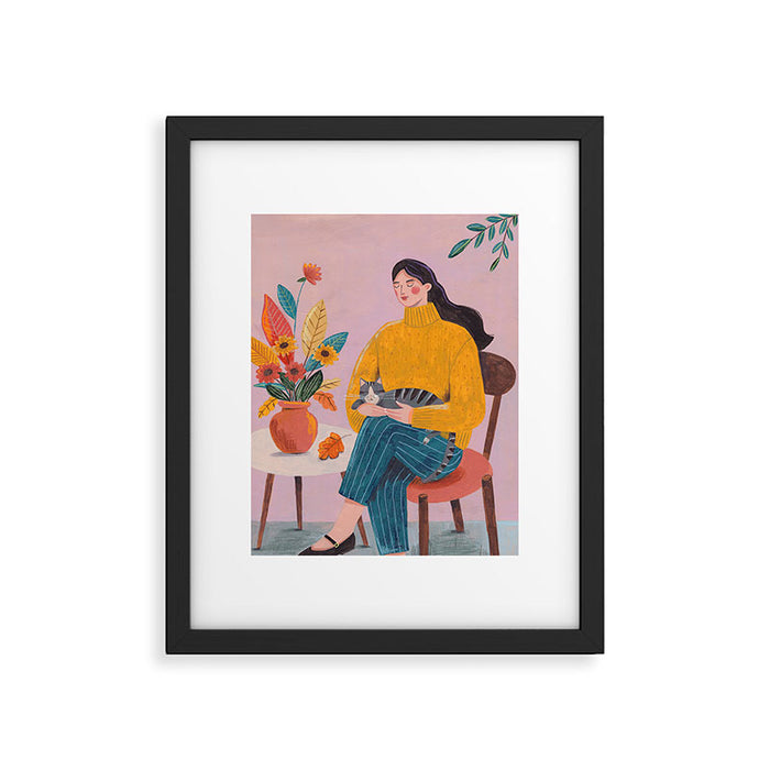 Woman with Cat and Autumn Bouquet Framed Art Print Gallery Image 1