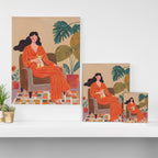 Woman with cat in living room in warm earth tones Canvas Print Gallery Image 3