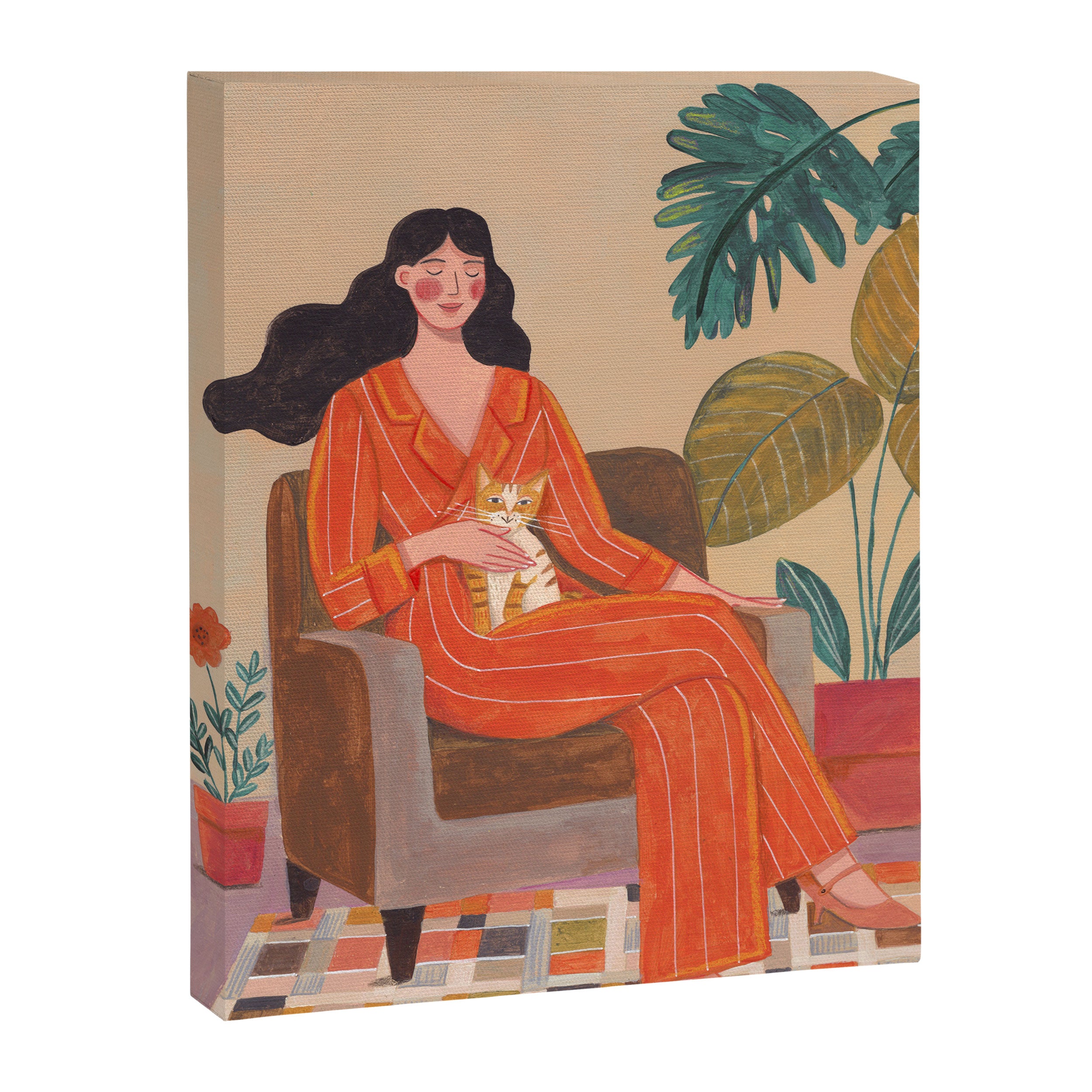 Woman with cat in living room in warm earth tones Canvas Print Gallery Image 3