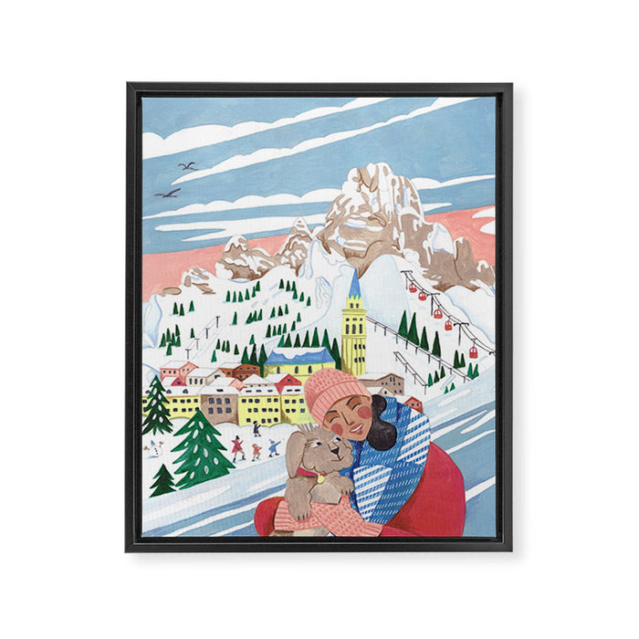 Woman with dog in the mountains Framed Canvas Print Gallery Image 1