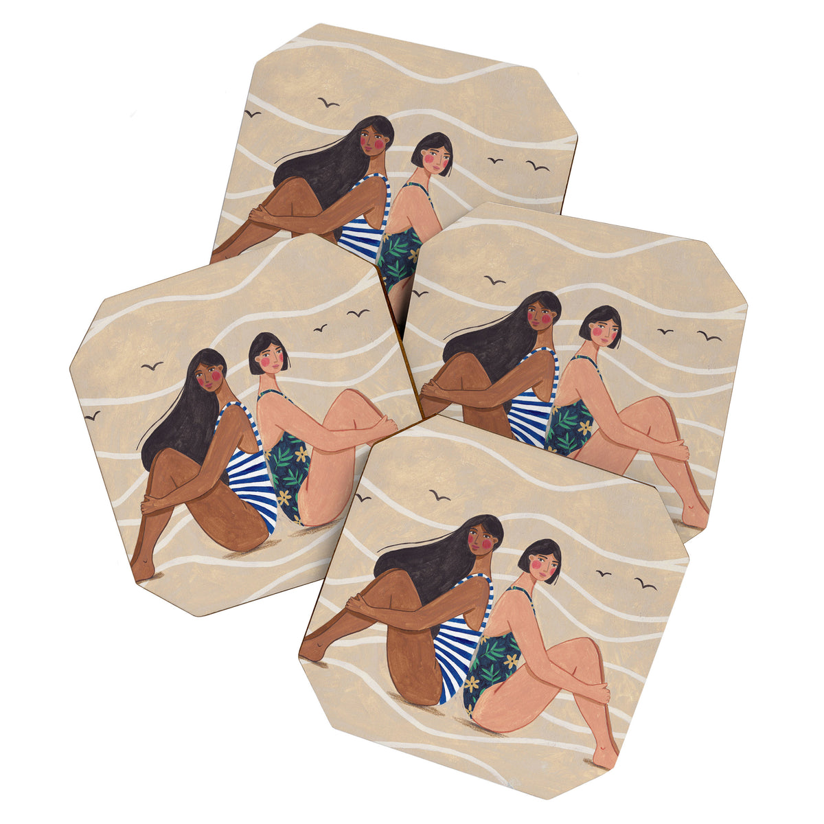 Women by the Sea Modern Beach Illustration Coaster Gallery Image 1