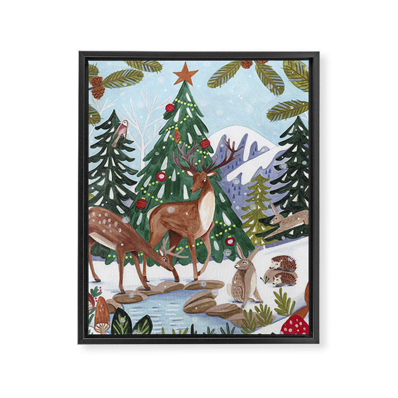 Woodland animals in the Snowy Mountain Forest Framed Canvas Print Gallery Image 3