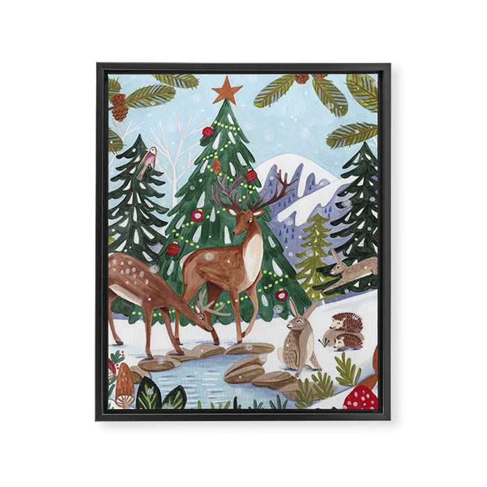 Woodland animals in the Snowy Mountain Forest Framed Canvas Print Gallery Image 1