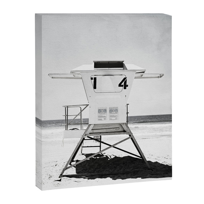 Black and White Beach Photography, Grey Lifeguard Stand, Gray Coastal Nautical Art Canvas Print Gallery Image 1