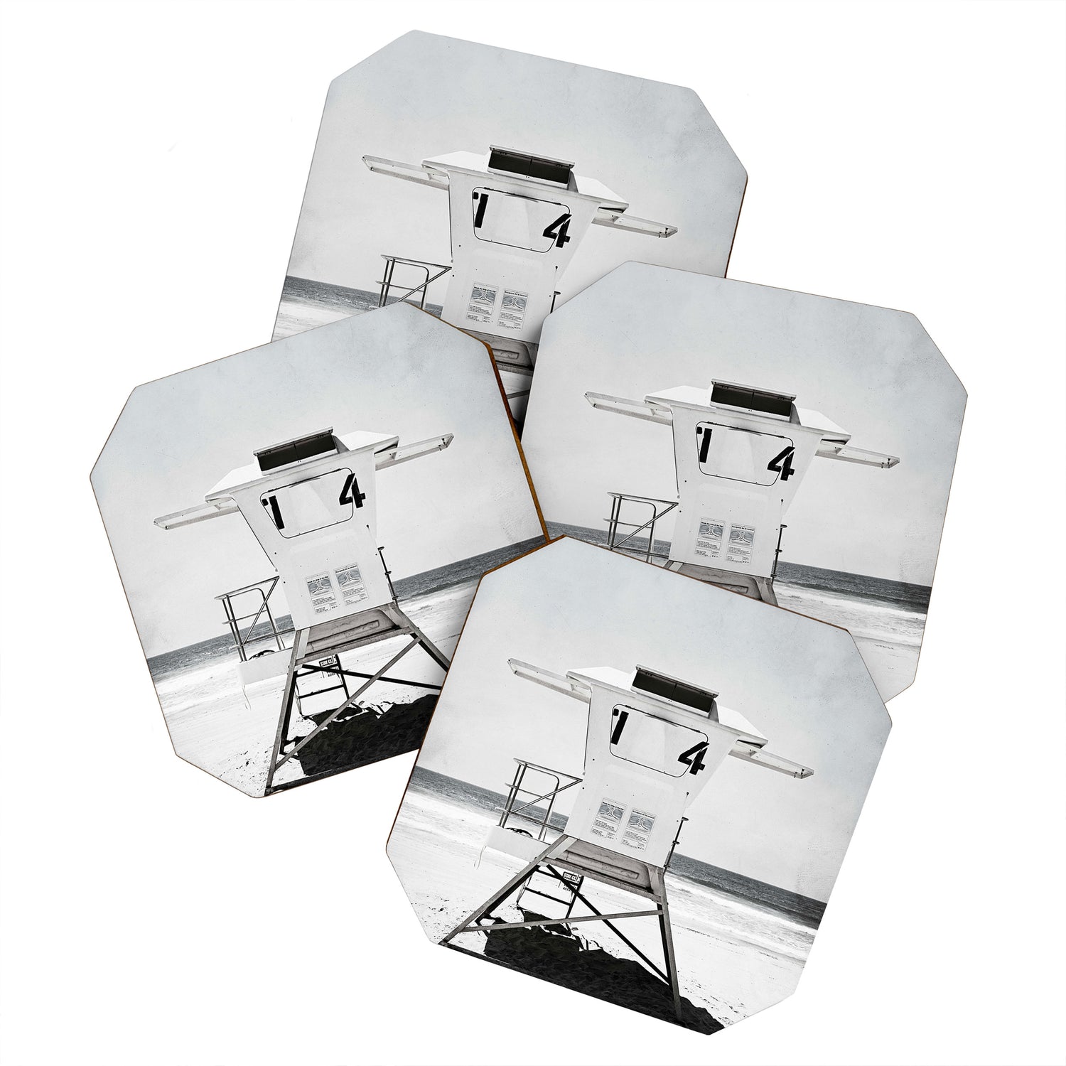 Black and White Beach Photography, Grey Lifeguard Stand, Gray Coastal Nautical Art Coaster Gallery Image 1