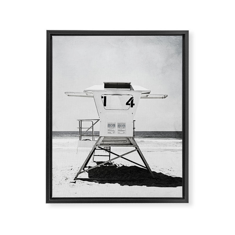 Black and White Beach Photography, Grey Lifeguard Stand, Gray Coastal Nautical Art Framed Canvas Print Gallery Image 8