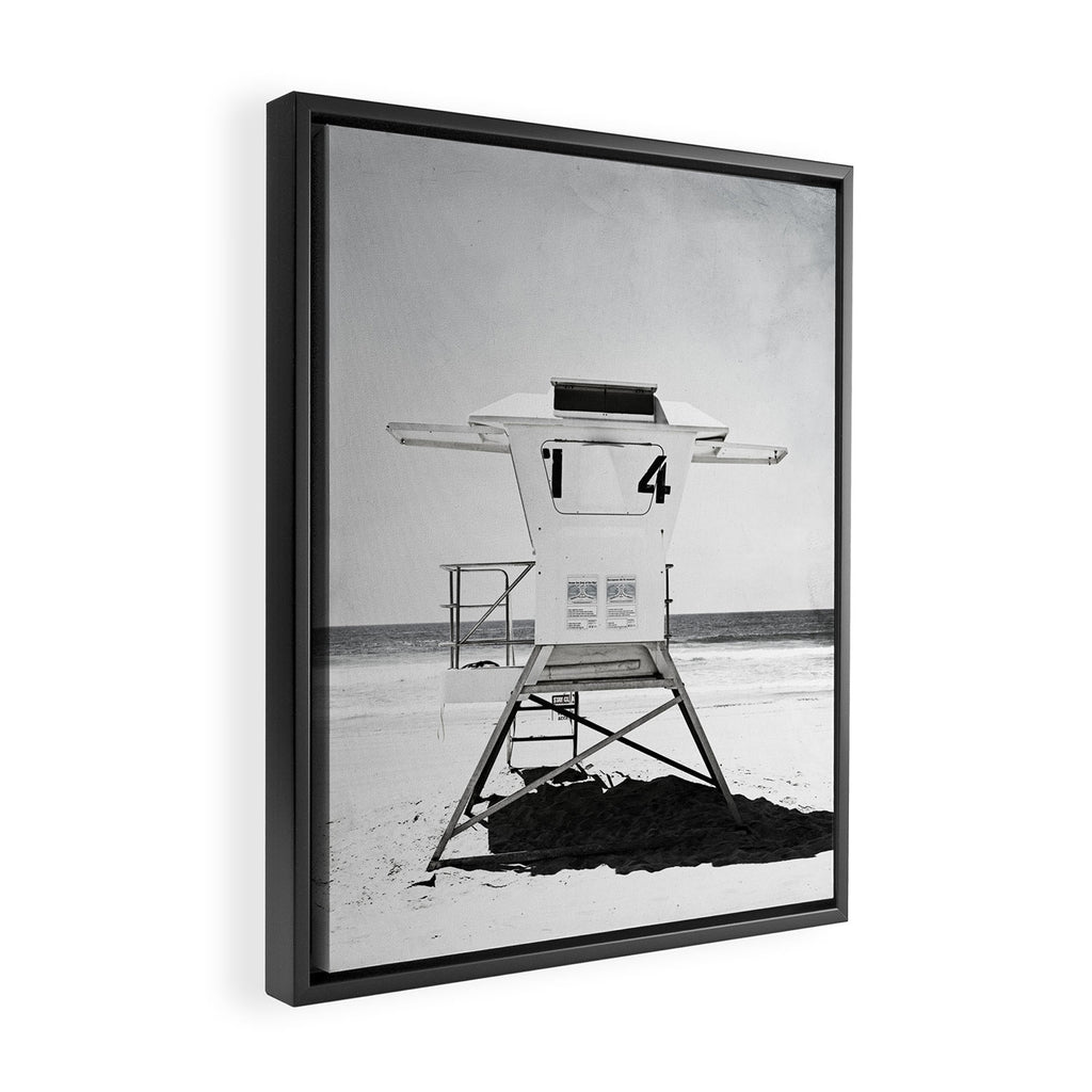 Black and White Beach Photography, Grey Lifeguard Stand, Gray Coastal Nautical Art Framed Canvas Print Gallery Image 2