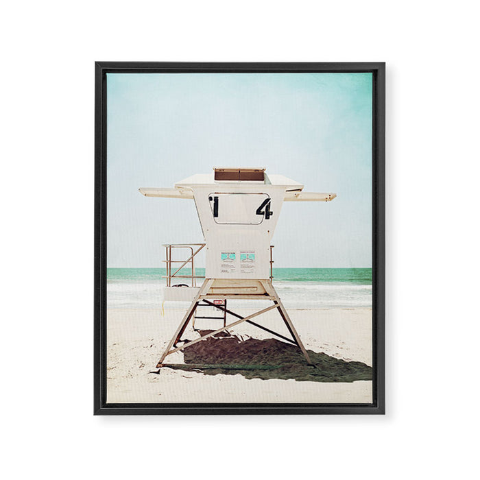 Lifeguard Stand, Beach Photography, San Diego California, Blue Aqua Seashore Ocean Summer Art Framed Canvas Print Gallery Image 1