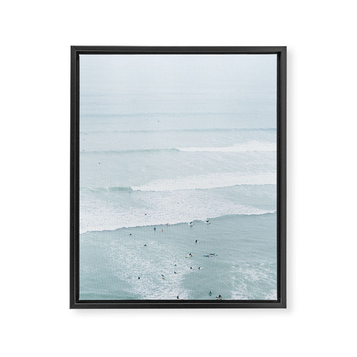 Tiny Surfers from the Sky, Lima, Peru Framed Canvas Print Gallery Image 1