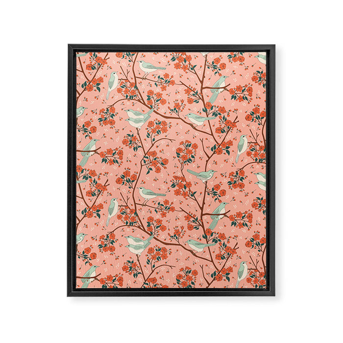 Birds In Cherry Blossom Trees Framed Canvas Print Gallery Image 1