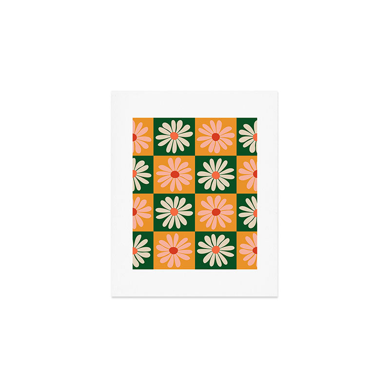 Retro Colorful Daisy Flower Checkerboard - Peach + Green Art Print Gallery Image 1