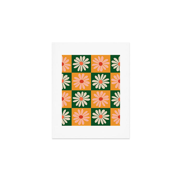 Retro Colorful Daisy Flower Checkerboard - Peach + Green Art Print Gallery Image 1