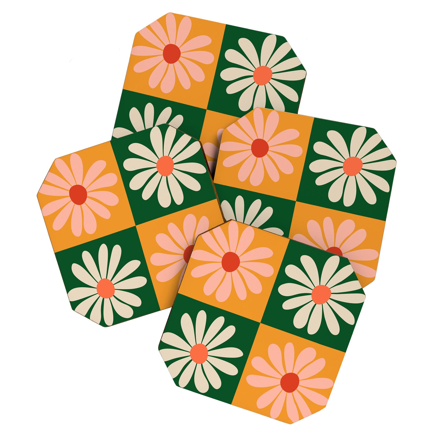 Retro Colorful Daisy Flower Checkerboard - Peach + Green Coaster Gallery Image 1