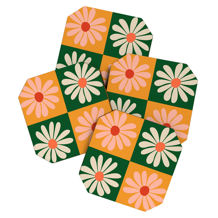 Retro Colorful Daisy Flower Checkerboard - Peach + Green Coaster Gallery Image 1