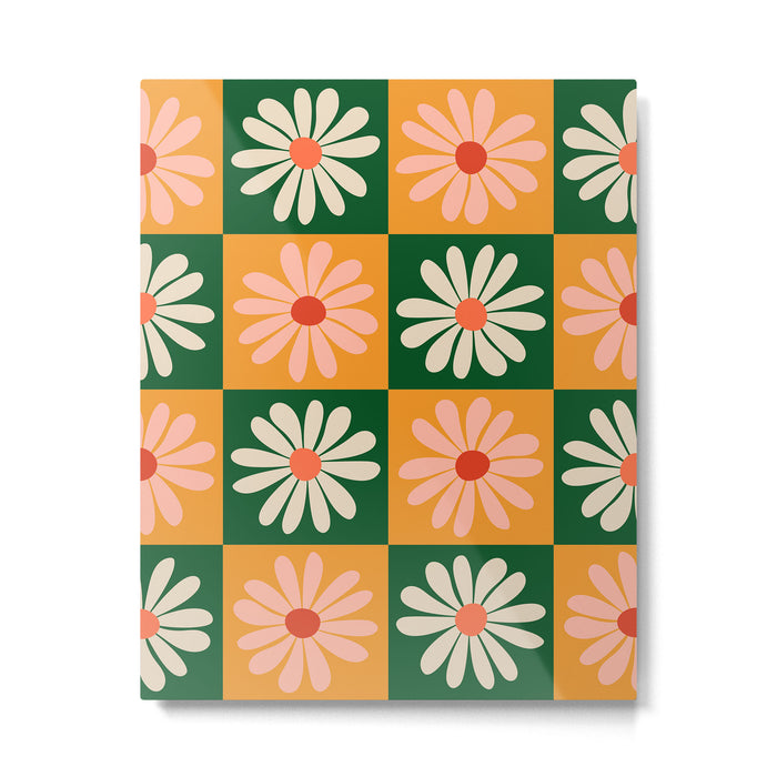 Retro Colorful Daisy Flower Checkerboard - Peach + Green Metal Print Gallery Image 1
