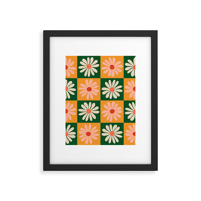 Retro Colorful Daisy Flower Checkerboard - Peach + Green Framed Art Print Gallery Image 1