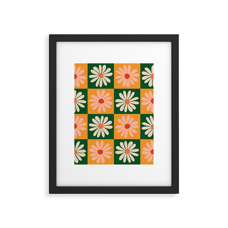 Retro Colorful Daisy Flower Checkerboard - Peach + Green Framed Art Print Gallery Image 6