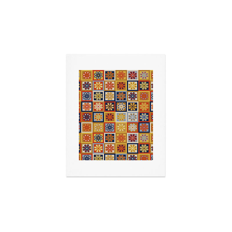 Retro Colorful Flower Checkerboard Art Print Gallery Image 1