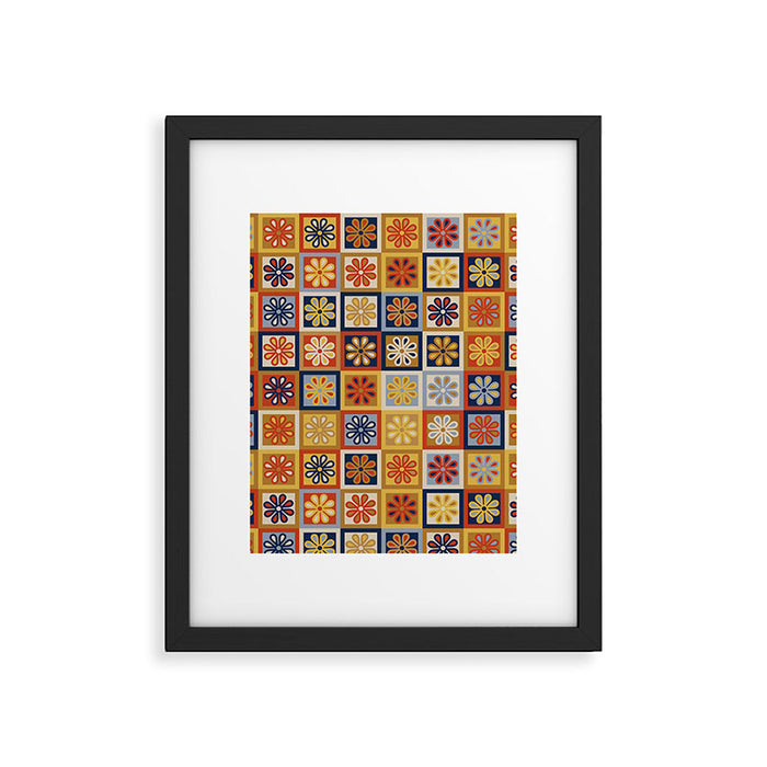 Retro Colorful Flower Checkerboard Framed Art Print Gallery Image 1