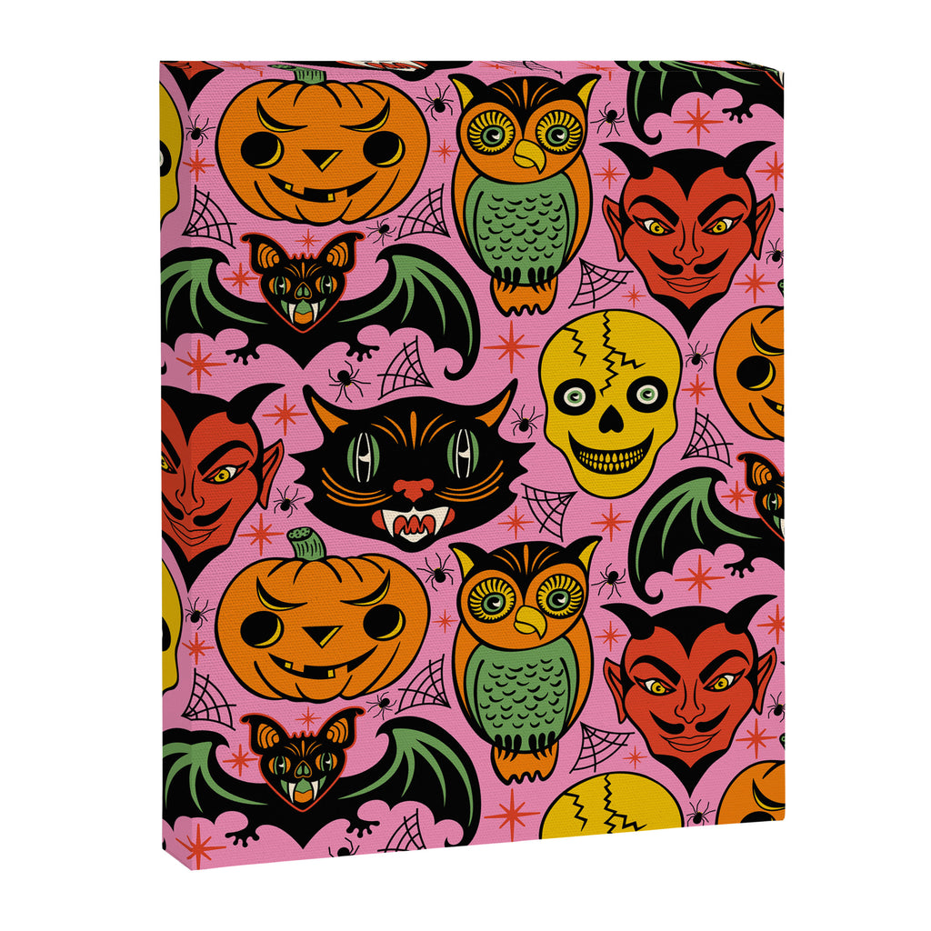 Retro Halloween in Pink - Skull Black Cat Devil Pumpkin Bat Owl Motifs Canvas Print Gallery Image 8