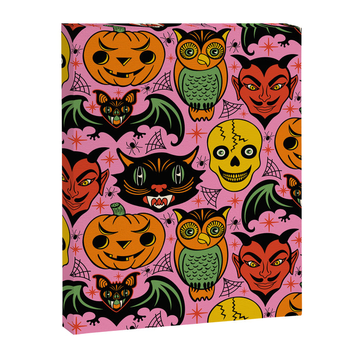 Retro Halloween in Pink - Skull Black Cat Devil Pumpkin Bat Owl Motifs Canvas Print Gallery Image 1
