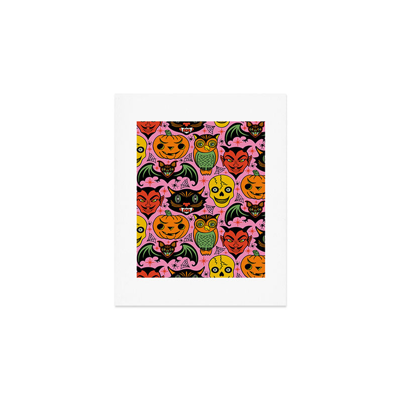 Retro Halloween in Pink - Skull Black Cat Devil Pumpkin Bat Owl Motifs Art Print Gallery Image 1