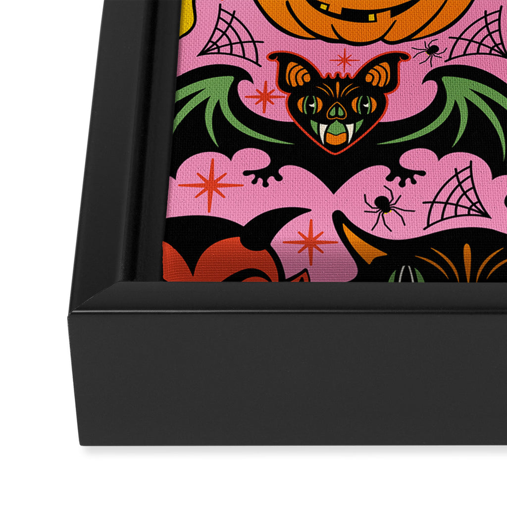 Retro Halloween in Pink - Skull Black Cat Devil Pumpkin Bat Owl Motifs Framed Canvas Print Gallery Image 3