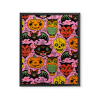 Retro Halloween in Pink - Skull Black Cat Devil Pumpkin Bat Owl Motifs Framed Canvas Print Gallery Image 8