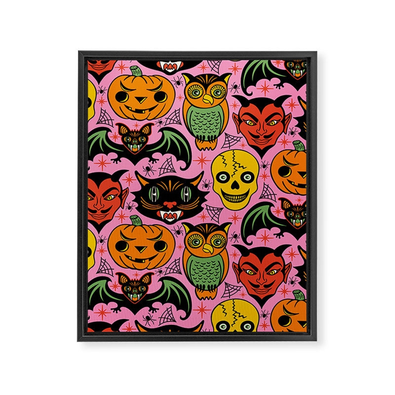 Retro Halloween in Pink - Skull Black Cat Devil Pumpkin Bat Owl Motifs Framed Canvas Print Gallery Image 8