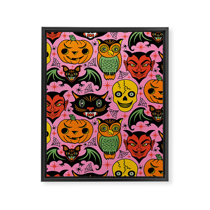 Retro Halloween in Pink - Skull Black Cat Devil Pumpkin Bat Owl Motifs Framed Canvas Print Gallery Image 1