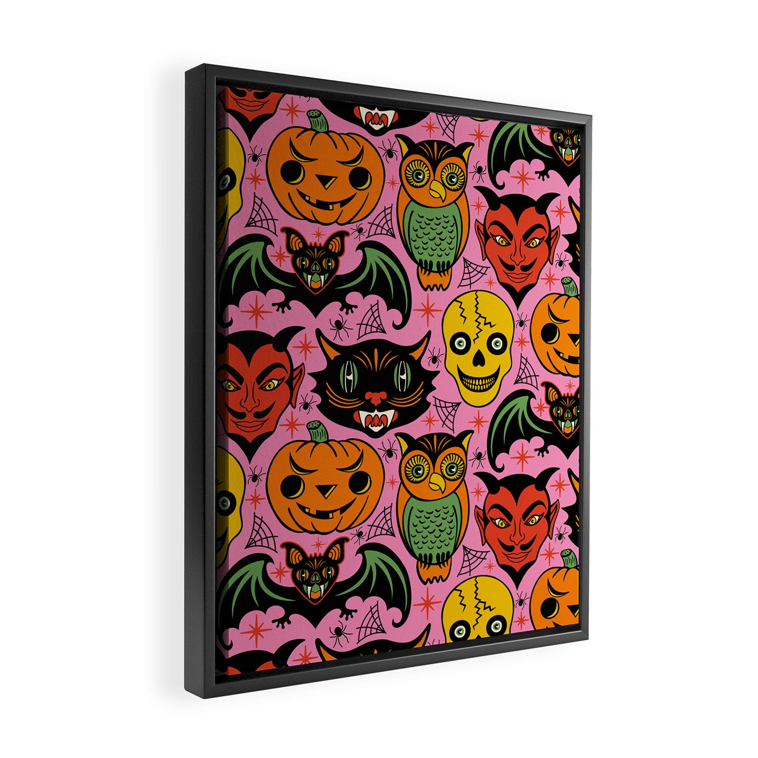 Retro Halloween in Pink - Skull Black Cat Devil Pumpkin Bat Owl Motifs Framed Canvas Print Gallery Image 2