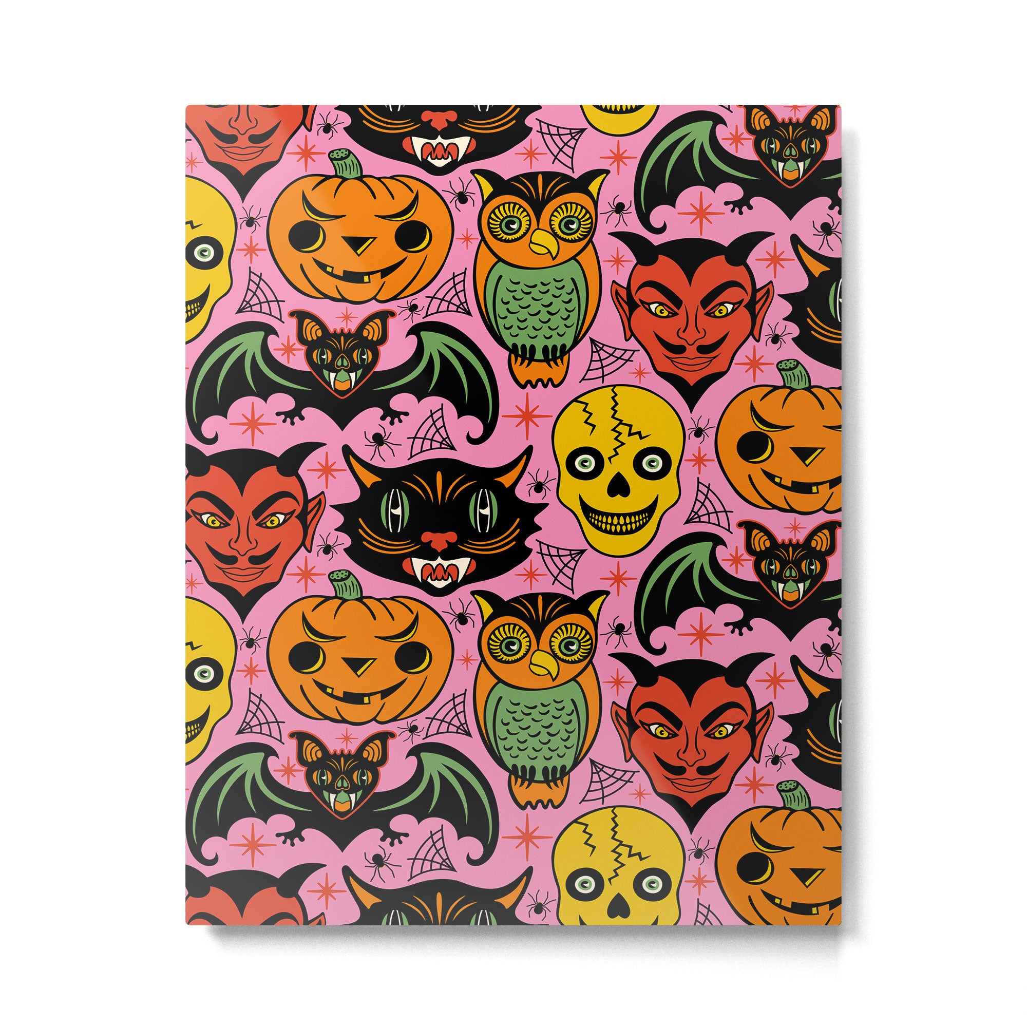 Retro Halloween in Pink - Skull Black Cat Devil Pumpkin Bat Owl Motifs Metal Print Gallery Image 6