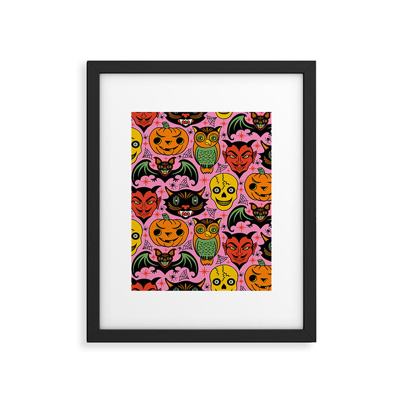 Retro Halloween in Pink - Skull Black Cat Devil Pumpkin Bat Owl Motifs Framed Art Print Gallery Image 6