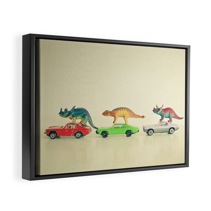 Dinosaurs Ride Cars Framed Canvas Print Gallery Image 1