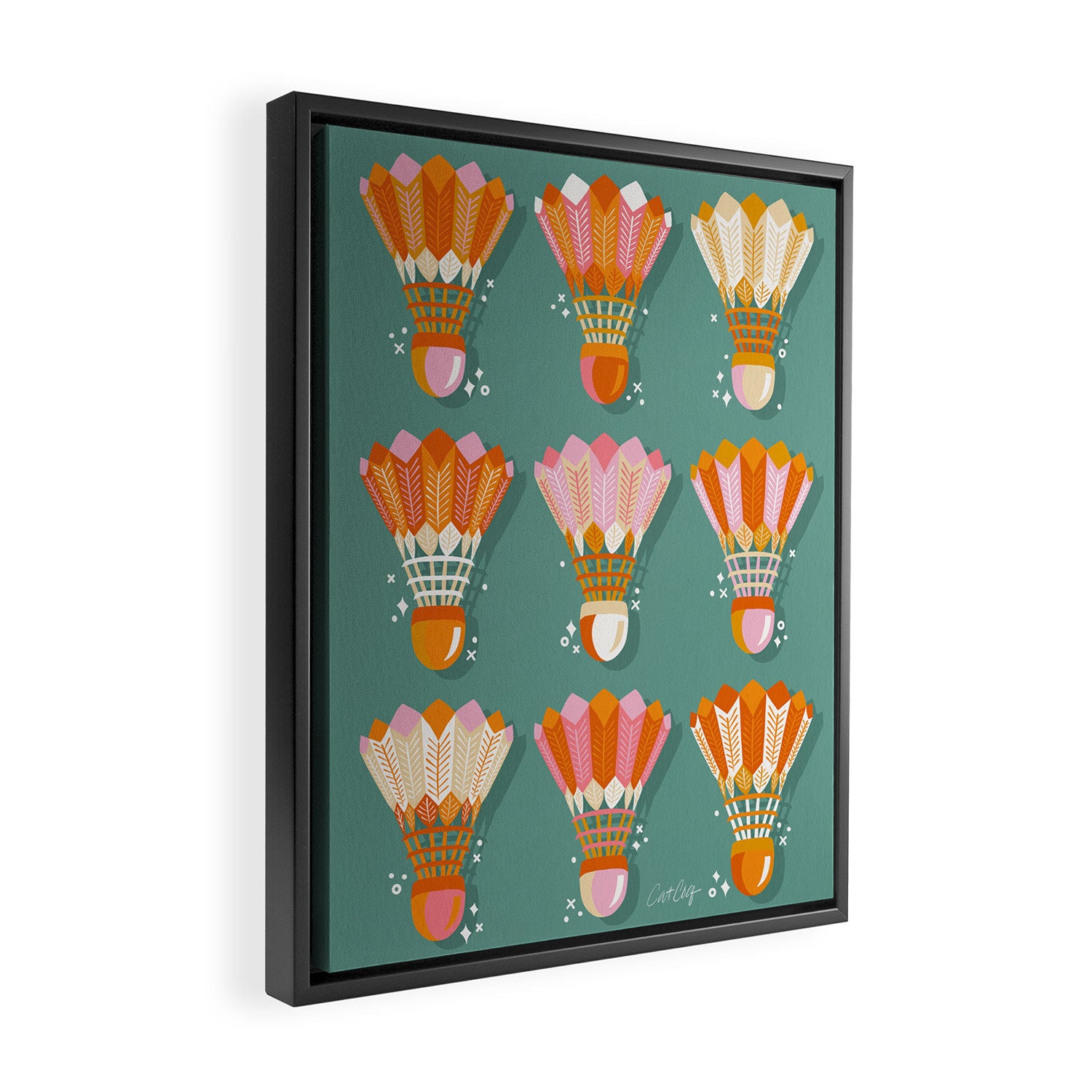 Badminton Birdies - Peach OmbrÃ© on Turquoise Framed Canvas Print Gallery Image 2