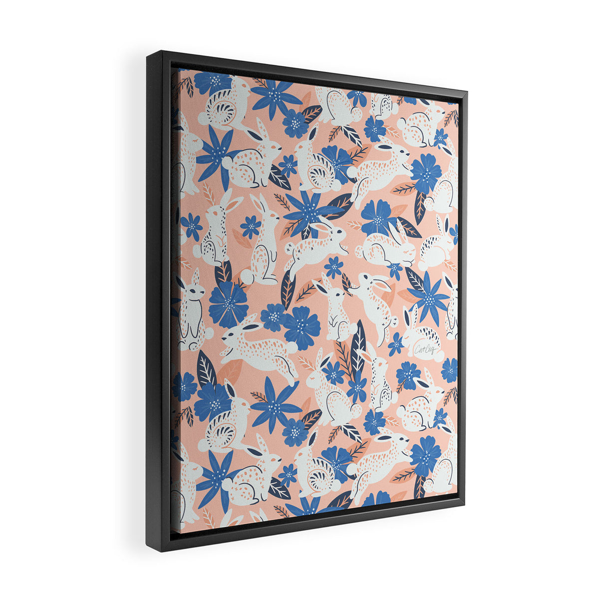 Bunnies & Blooms - Blue & Blush Palette Framed Canvas Print Gallery Image 2