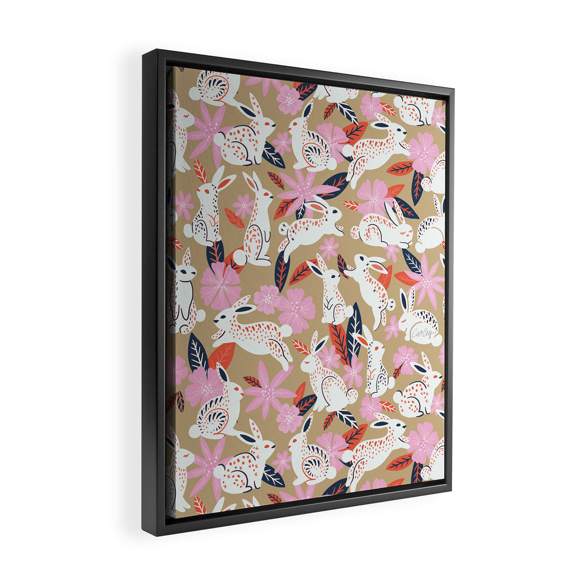 Bunnies & Blooms - Coral & Pink Framed Canvas Print Gallery Image 2
