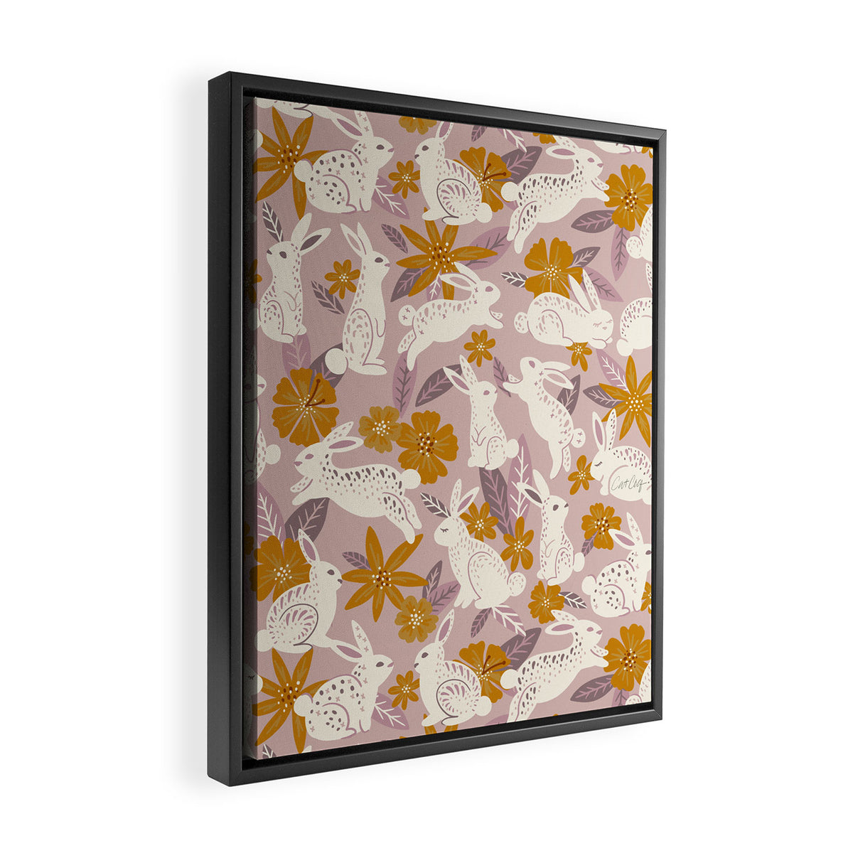 Bunnies & Blooms - Mauve & Ochre Palette Framed Canvas Print Gallery Image 2