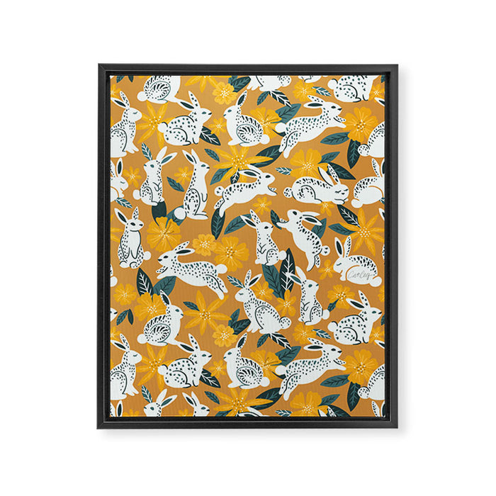 Bunnies & Blooms - Ochre & Teal Palette Framed Canvas Print Gallery Image 1